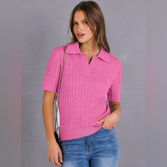 🌺Short Sleeve Polo V Neck Cable Knit Soft Pullover Sweater 🌺 - Picture 2 of 9